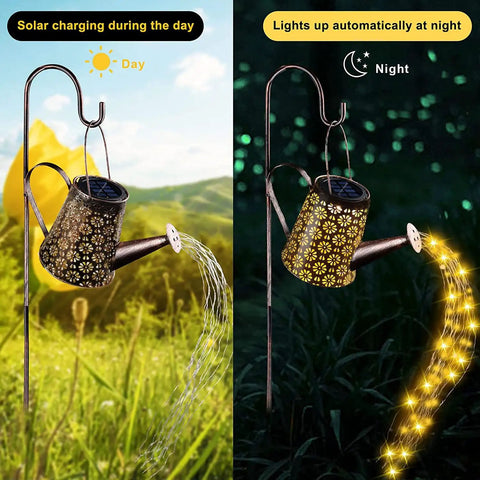 Solar Powered Watering Can Lantern With LED Lights For Garden Decor Waterproof Outdoor Glow Light Accent Lit Backyard Vibe Easy Setup Solar Garden Ornament shown charging in the day and glowing at night, highlighting design and functionality.
