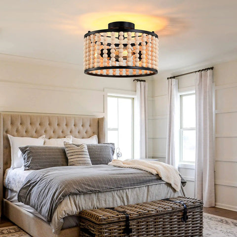 Boho Wood Beaded Chandelier With Three Lights In Black Semi Flush Mount Ceiling Light For Dining Room Kitchen Hallway Bedroom And Living Room Adds Warm Ambience And Rustic Charm For A Cozy Boho Vibe above a cozy bedroom.