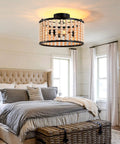 Boho Three Light Wood Beaded Chandelier Semi Flush Mount Ceiling Light In White for bedroom with rustic appeal, bed view