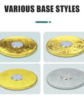 Various base styles for Big Ol Round Glass Lazy Susan Turntable For Kitchen And Dining, featuring gold and silver designs