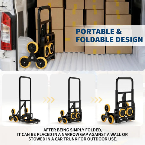 Heavy Duty Stair Climbing Cart Foldable Hand Truck With 6 Wheels For Moving Heavy Loads Up Stairs Without Straining Collapsible Design For Easy Storage In Trunk Or Closet Ready To Roll Anywhere, folded in car trunk