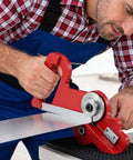 Man using Pro-Grade Dual-Wheel Slitter Tool For Metal, Vinyl And Cardboard, cutting thin steel sheet, hand pull cutter with burr-free edge