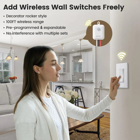 Person using Wireless Light Switch And Receiver Kit With Decorator Rocker Wall Switch, 15 Amp, 100 Ft RF Range, No Wiring No WiFi Needed, Remote Control For Lighting, Neutral Wire Required Upgrade Antenna Model in a modern living room.