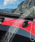 8 Gallon Pressurized Water Tank For Camping And Overlanding Roof Rack Shower Portable Wash Station mounted on vehicle