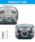 Two Way Power Ground Distribution Block for Car Audio, 0 Gauge Wiring, Heavy Duty Alloy Build With 1 Input and 2 Output Terminals, Simple Install, Reliable Ground and Power Split for Amp System, clear cover with size markings
