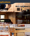 12 Inch Magnetic Tool Holder Strip for Garage and Workshop Handy Heavy Duty Metal Magnet Bar Organizer mounted with tools.