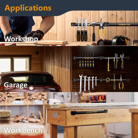 12 Inch Magnetic Tool Holder Strip for Garage and Workshop Handy Heavy Duty Metal Magnet Bar Organizer mounted with tools.