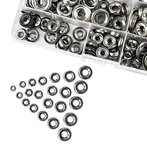 Front view: stainless steel countersunk cup washers in a plastic organizer, sizes #4-#16, 304 stainless.
