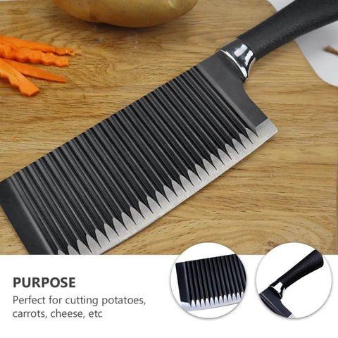 Ciieeo stainless steel crinkle potato cutter with black handle in close-up view; wavy blade for potatoes and vegetables