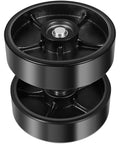 All In One Replacement Kit For Pallet Jack Wheels With Axles And Load Rollers Including Steering Wheels 7 Inch By 2 Inch And Front Load Roller 2.76 By 3.74 Black Poly Tread, showing black wheels with steel core.