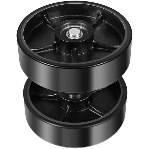 All In One Replacement Kit For Pallet Jack Wheels With Axles And Load Rollers Including Steering Wheels 7 Inch By 2 Inch And Front Load Roller 2.76 By 3.74 Black Poly Tread, showing black wheels with steel core.