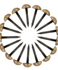 Premium Antiqued Brass Upholstery Tacks 24 Piece Set arranged in a circle showing half inch round heads and pointed shafts.