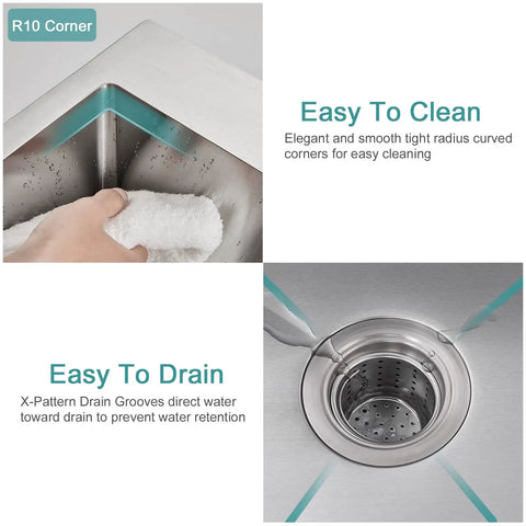 Corner and drain features of 15 Inch Bar Sink Drop In Topmount With Single Bowl 304 Stainless Steel Handmade Kitchen Bar Sink
