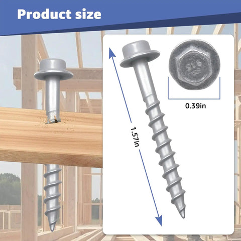 Heavy Duty Joist Hanger Screws For Framing No. 9 By 1-1/2 Inch Construction Screws 1/4 Inch Hex Head Galvanized Finish Replaces 9112R500 Fits 0.380 Inch Deck Screws 500 Count displayed with size dimensions