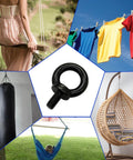 Tough As Nails M8 Lifting Eye Bolts Black Oxide 304 Stainless Steel in center, surrounded by swings, hammock, punching bag, clothesline, chair.