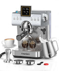 20 Bar Espresso Machine With Steam Milk Frother, Stainless Steel Coffee Maker With LED Display, cups, and accessories.