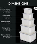 5 Pack Large Fridge Storage Containers Set With Leakproof Lids Removable Colander BPA Free Dishwasher And Microwave Safe Go To Choice For Leftovers Meal Prep And Fresh Produce Up To 4.15L displayed in various sizes from smallest to largest.