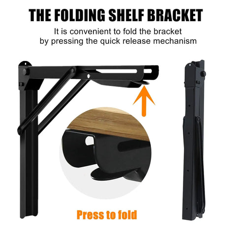 Heavy Duty Folding Shelf Brackets For Wall Mounted Shelves And Tables Space Saving Hinge Brackets, shown folded and extended