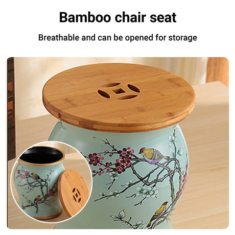 Retro Ceramic Drum Garden Stool Featuring Lively Floral Bird Details And Smart Shoe Compartment Great For Front Step Seating Or Living Room Hangouts A Totally Legit Home Staple That Drops Major Style Vibes with bamboo top and storage.