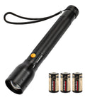 Ultra Bright Tactical Flashlight With 900 Lumen Zoomable Beam And Adjustable Focus, 3 Light Modes, shown with batteries