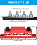 Top Shelf Heavy Duty Bus Bar Power Distribution Block Featuring Thick Tinned Copper Plates And Massive Stud Terminals For Flawless Two Hundred Fifty Amps Twelve Volt Solar Rv Automotive Battery Setup, overview of dimensions and components.