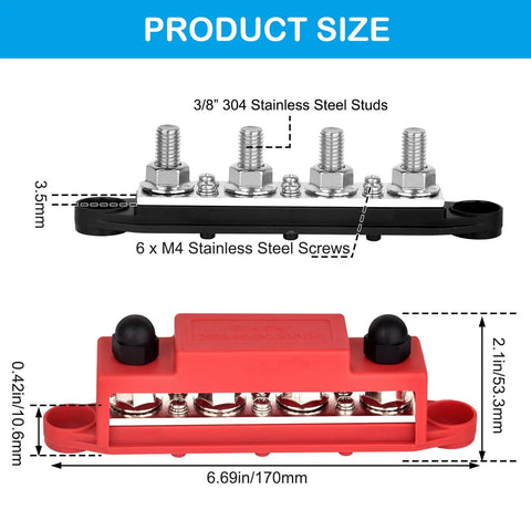 Top Shelf Heavy Duty Bus Bar Power Distribution Block Featuring Thick Tinned Copper Plates And Massive Stud Terminals For Flawless Two Hundred Fifty Amps Twelve Volt Solar Rv Automotive Battery Setup, overview of dimensions and components.