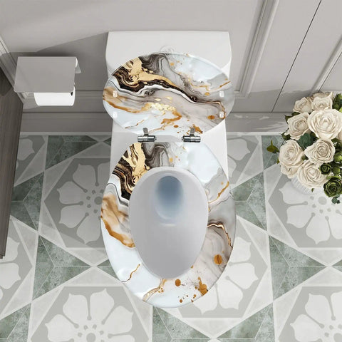Elongated Toilet Seat White for Bathroom with marble design, top view, fits standard toilets.