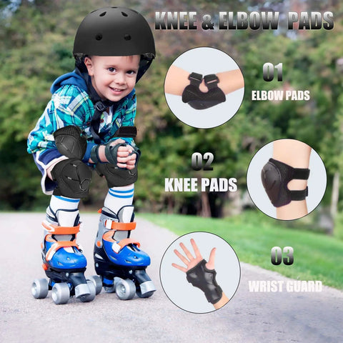 Child wearing Adjustable Kids Helmet Set For Ages 3 To 15 Perfect For Biking Skating Rollerblading Scooters And More Dial Fit Protection
