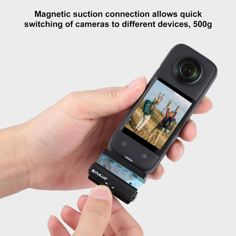 Close-up of Magnetic Quick Release Mount for Insta360 X4 Air X4 Ace Pro Ace Action Camera with CNC Aluminum Base in hand