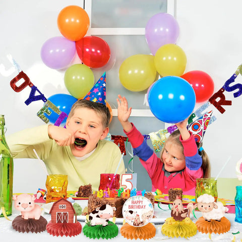 Kids at a birthday party with 9 Piece Farm Honeycomb Centerpieces Set for Birthday Parties Farm Animal Theme Table Decor and Party Favors Gifts