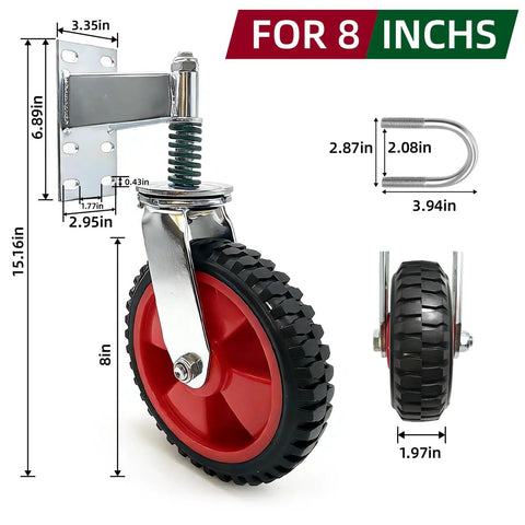 Heavy Duty Gate Wheel Caster For Metal And Wood Gates, 8 Inch Wheel, 360 Degree Swivel Spring Loaded, side view with measurements