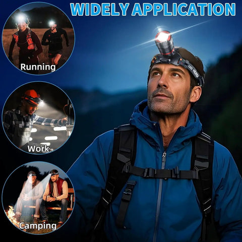 Man wearing Beast Mode 90000 Lumen Rechargeable Headlamp With Zoomable Beam IPX54 Hard Hat Light for night camping and hiking