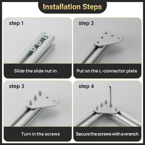 Installation steps for 12 Set Corner Bracket Kit For 20x20mm Aluminum Extrusion Profiles with L Shape Joint Plates.