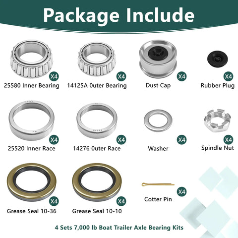 Heavy Duty Four Pack 7,000 Lb Boat Trailer Axle Bearings Kit With Double Lip Grease Seals 25580 14125A Includes Inner And Outer Bearings And Races
