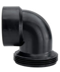 Black plastic RV P trap elbow fitting for wastewater routing in mobile homes, part of a drain kit to prevent odors.
