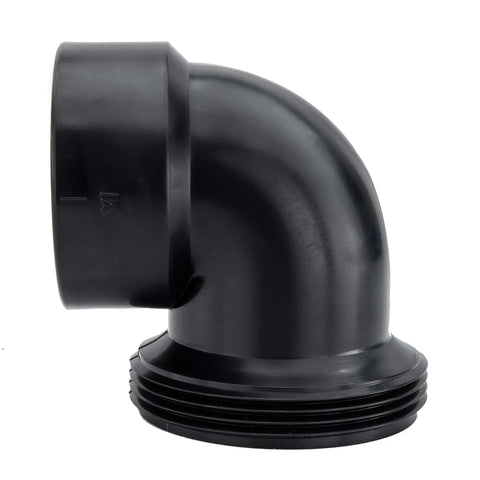 Black plastic RV P trap elbow fitting for wastewater routing in mobile homes, part of a drain kit to prevent odors.
