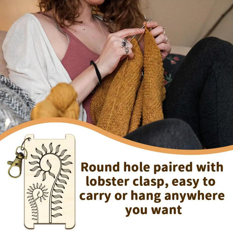 Woman knitting beside Wooden Yarn Wrap Guide Board with Clasp WPI Gauge for Spinners Yarn Measuring Tool, crochet accessory display.