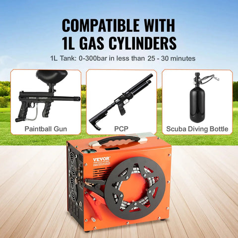Heavy Duty Portable PCP Air Compressor Pump Crushes Four Thousand Five Hundred PSI with attachments for paintball gun, PCP, and scuba.