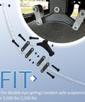 Diagram of Trailer Shackle Kit for Double Eye Springs 3,500 to 7,200 lbs with equalizers, straps, and bolts shown on axle.