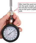 Compression Tester Kit For Engine Cylinders With Pressure Gauge Adapters, showing gauge close-up and hand holding adapter.
