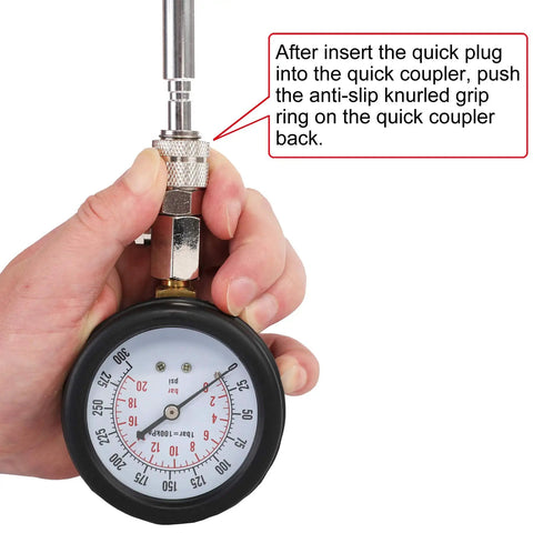 Compression Tester Kit For Engine Cylinders With Pressure Gauge Adapters, showing gauge close-up and hand holding adapter.