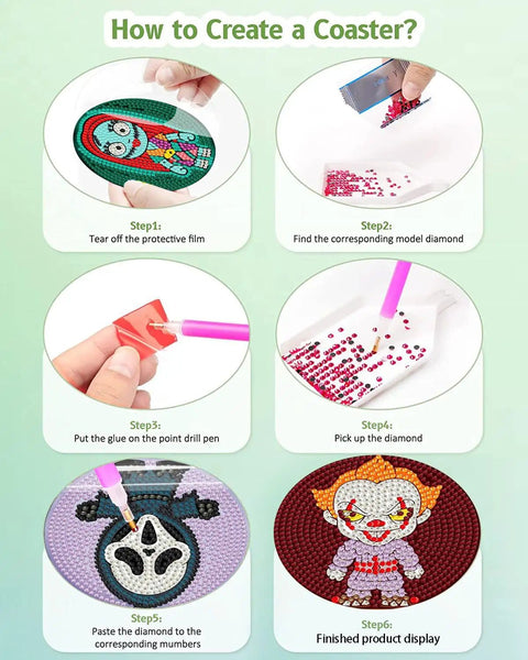 Instructions for assembling 8Pcs Diamond Painting Coasters With Holder For Diy Halloween Themed Coasters Perfect For Adults.