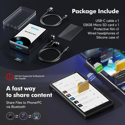 Package contents of Android MP3 Player With Bluetooth And WiFi 4.5 Inch IPS Touchscreen Streams Spotify Pandora Amazon Music