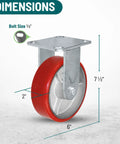Real Deal 6 Inch Rigid Fixed Caster With Heavy Duty Polyurethane Wheel And 1200 Lb Capacity showing dimensions, 6 inch wheel, 2 inch width, and 7.5 inch height.