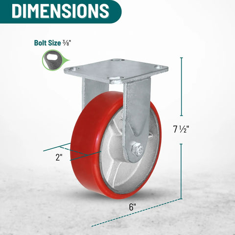 Real Deal 6 Inch Rigid Fixed Caster With Heavy Duty Polyurethane Wheel And 1200 Lb Capacity showing dimensions, 6 inch wheel, 2 inch width, and 7.5 inch height.
