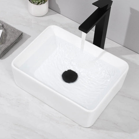 Rectangular Ceramic Vessel Sink For Above Counter Install 16 By 12 Inch White Sink With Pop Up Drain Brass And Stainless Steel Matte Black Finish Includes Drain Assembly Dope Modern Bathroom Vanity Upgrade