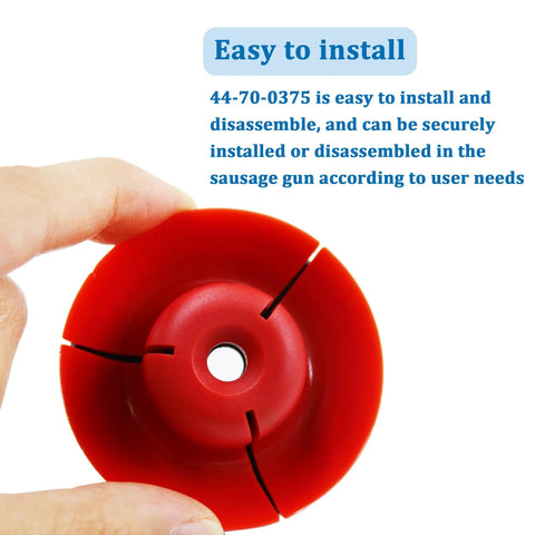 Red plunger part of Metal Sausage Plunger Kit For Cordless Caulking And Grease Gun With Air Relief Hole held by hand