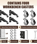 Heavy Duty Workbench Casters Kit 600 Lb Capacity Set Of 4 With Two Mounting Options, includes caster mounts, screws, bolts, tools