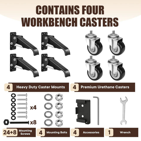 Heavy Duty Workbench Casters Kit 600 Lb Capacity Set Of 4 With Two Mounting Options, includes caster mounts, screws, bolts, tools