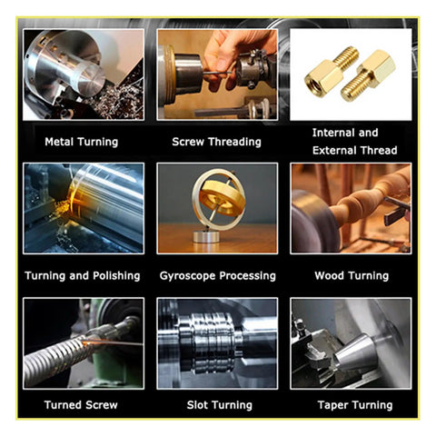 Various processes using Garage Grade Mini Metal Lathe Machine With Fast Electric Gear Shift And No Sweat Metric Imperial Conversion 1100W Brushless Motor.